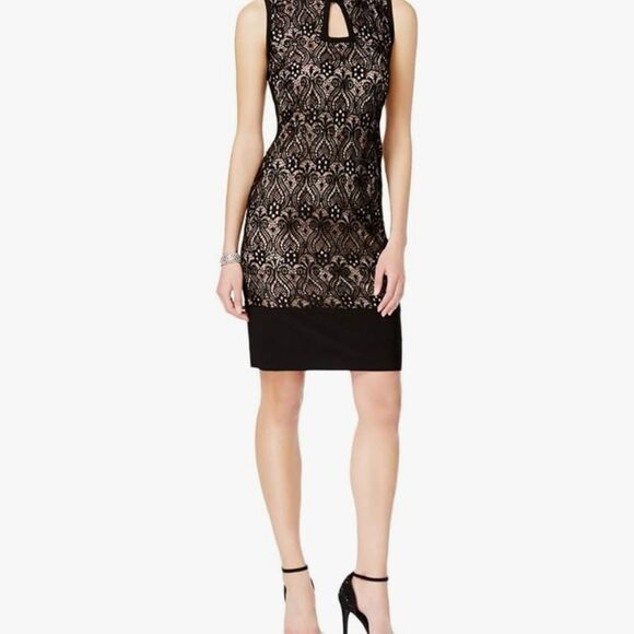R&M Richards Women Size 14‎ Black and Nude Halter Sheath Mini Dress Keyhole - Picture 1 of 11